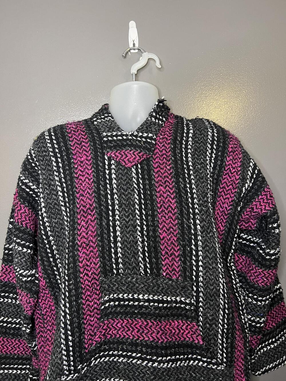 Baja Joe Hoodie Mens Large Black Pink Striped Baja Knit Pullover Kangaroo Pocket